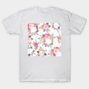 Pink Watercolor Flowers White Design T-Shirt